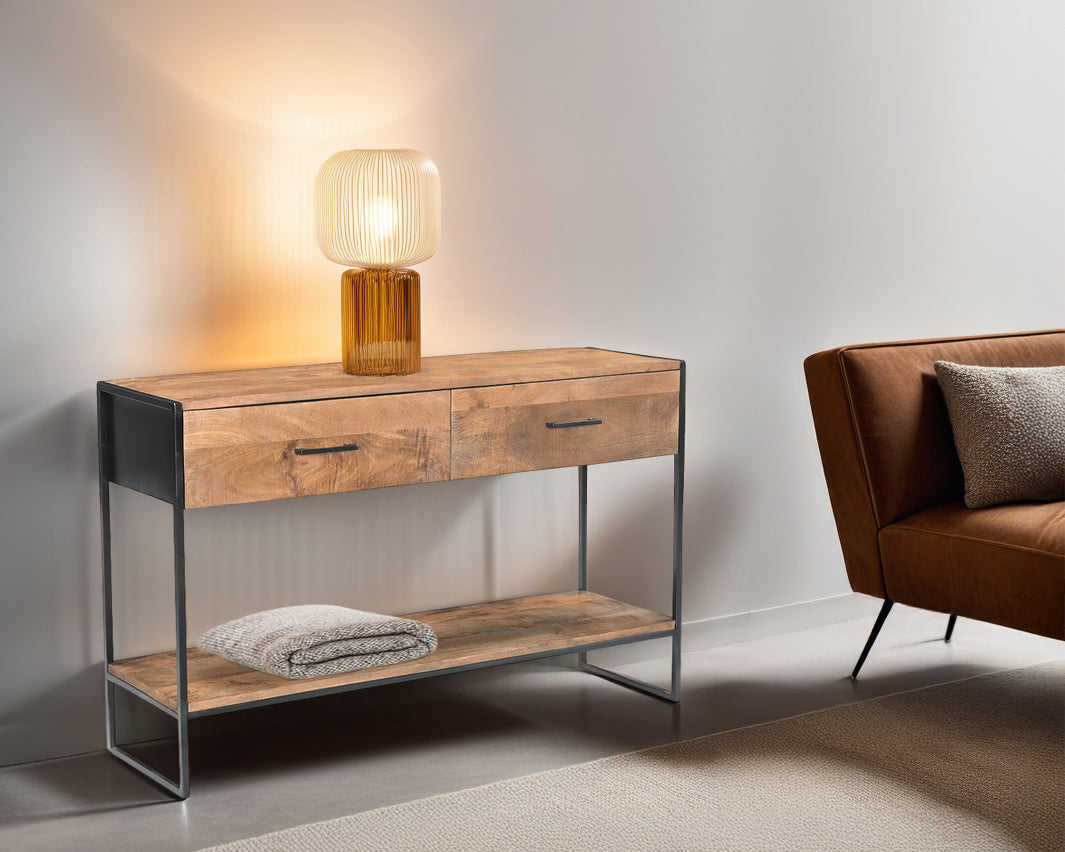 Konsole Naturholz Industriedesign, Wandtisch Metall-Gestell, Breite 125 cm