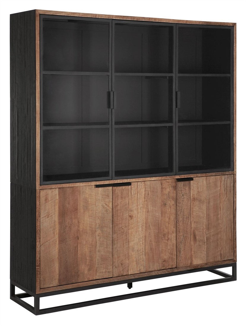 Vitrine schwarz-Naturholz, Geschirrschrank schwarz, Schrank schwarz, Breite 180 cm