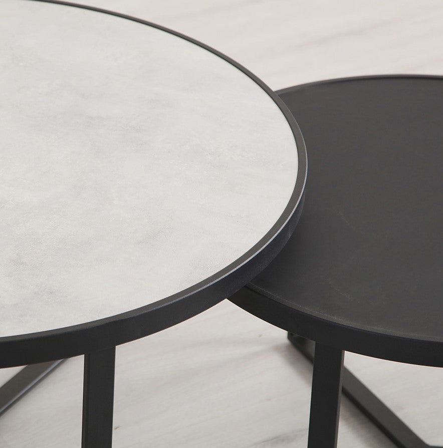 Couchtisch rund, 2er Set Couchtischtisch schwarz-grau, Maße 60-80 cm
