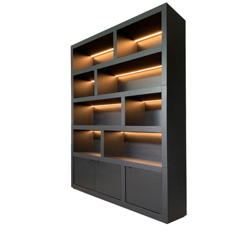 Bücherschrank schwarz mit Beleuchtung , Bücherschrank modern schwarz, Schrank mit vier Türen schwarz, Breite 200 cm