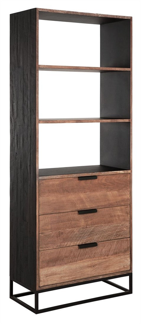 Bücherregal schwarz-Naturholz, Schrank-Regal schwarz, Schrank mit Schubladen schwarz, Breite 80 cm