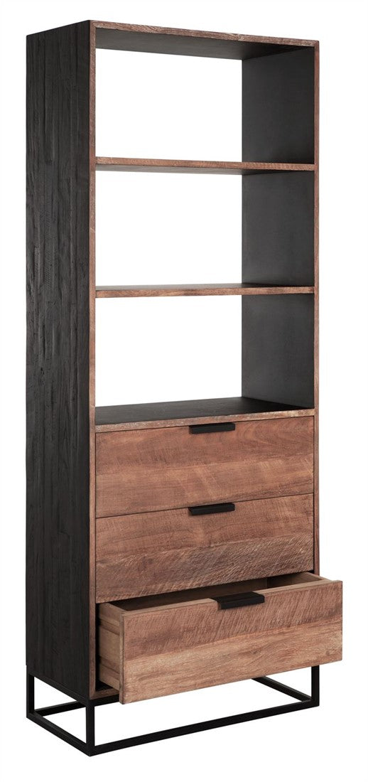 Bücherregal schwarz-Naturholz, Schrank-Regal schwarz, Schrank mit Schubladen schwarz, Breite 80 cm