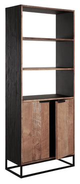 Bücherregal schwarz-Naturholz, Schrank-Regal schwarz, Schrank mit zwei Türen schwarz, Breite 80 cm