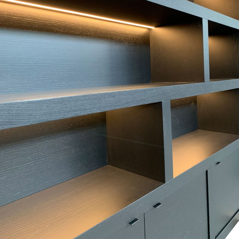 Bücherschrank schwarz mit Beleuchtung , Bücherschrank modern schwarz, Schrank mit vier Türen schwarz, Breite 200 cm