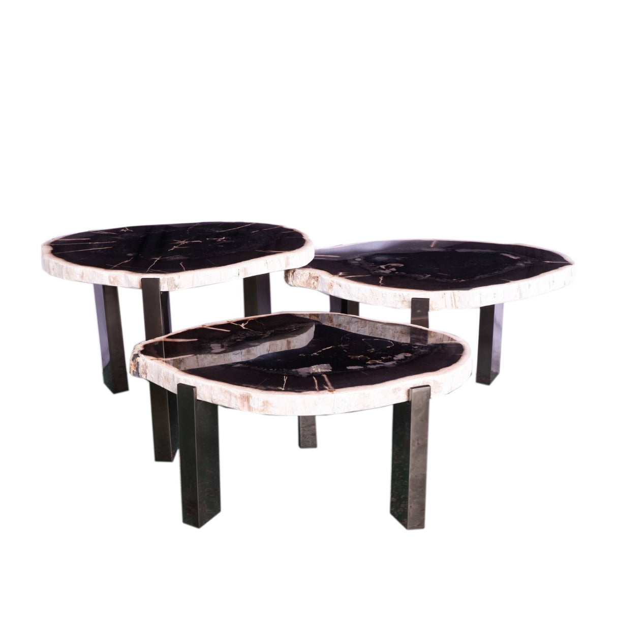 Couchtisch Stein rund, 3er Set Couchtisch schwarz-weiß rund, Durchmesser 50-60 cm
