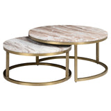 Couchtisch beige rund Gold, 2er Set runder Couchtisch  Marmor beige,  Durchmesser 85 cm