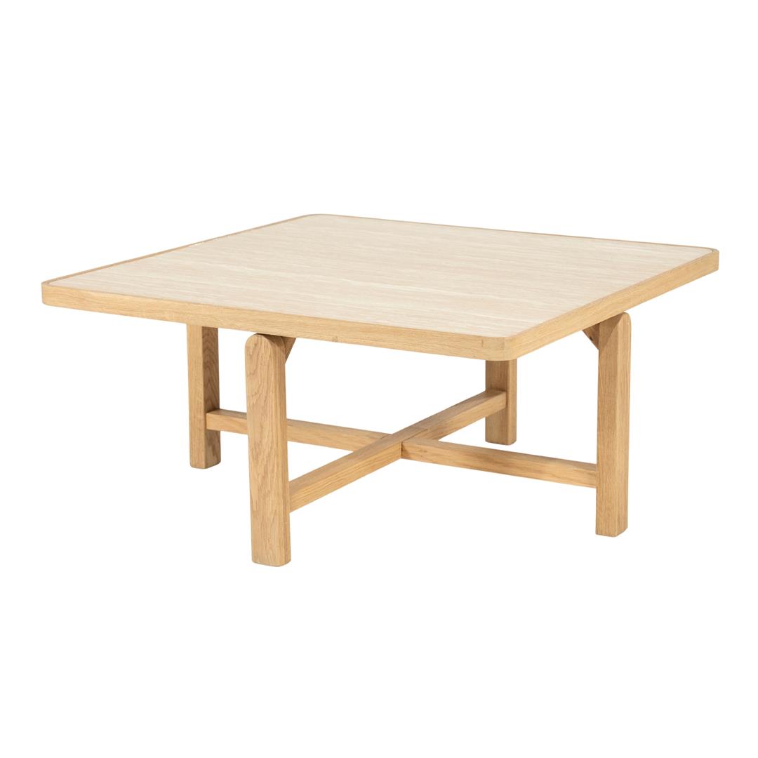 Couchtische Travertin Eiche furniert, quadratischer Couchtisch Eiche-Travertin, Maße 80x80 cm