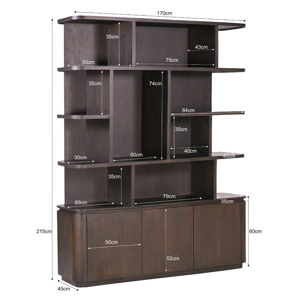 Bücherschrank braun, Regal braun, Wohnzimmerschrank braun Eiche furniert. Breite 170 cm