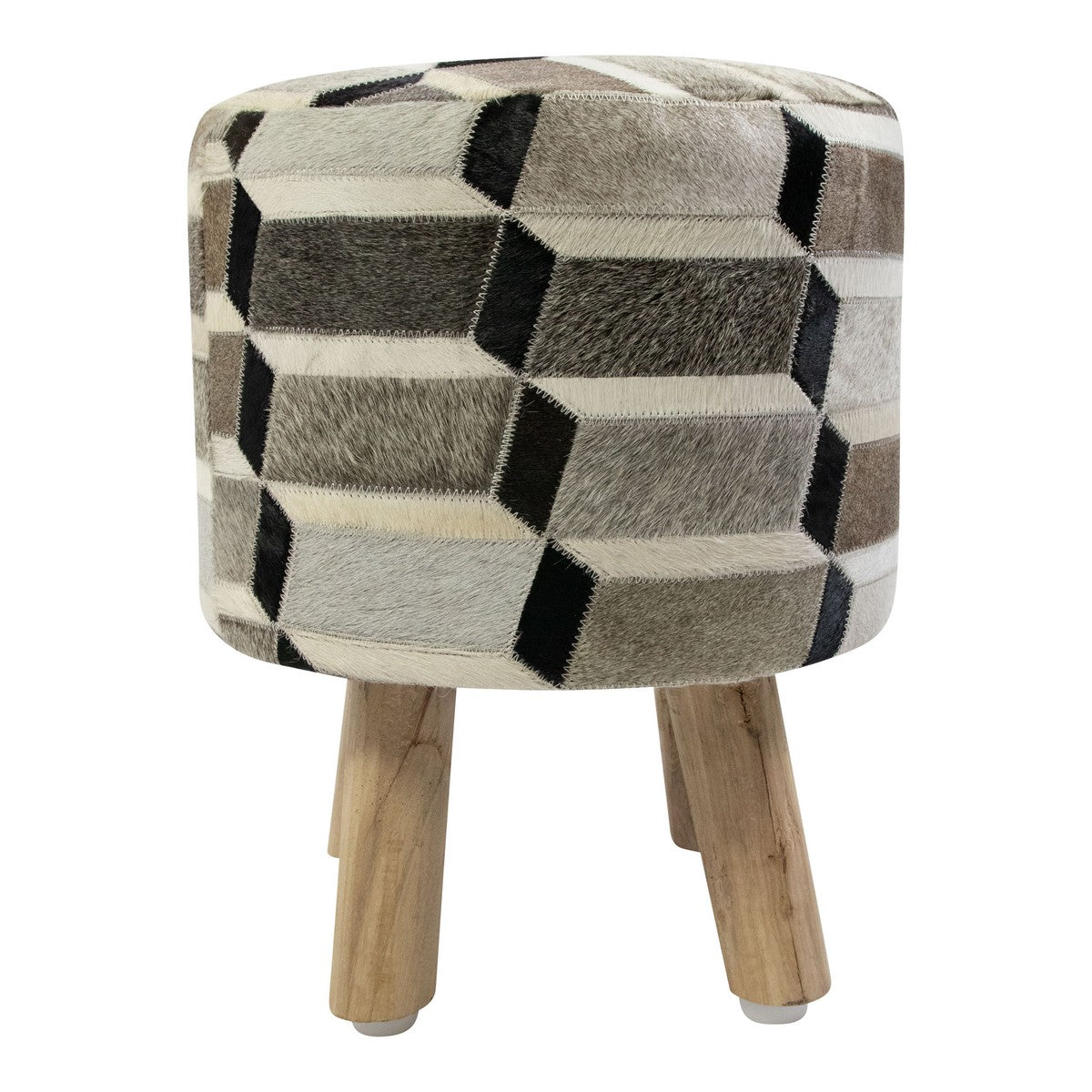 Hocker grau-weiß Kuhfell, Sitzhocker Holz Kuhfell, Hocker rund