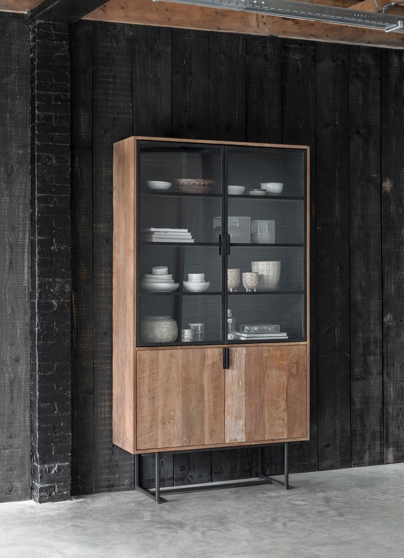Vitrine Teak-Holz, Geschirrschrank Metall Holz, Schrank Teak, Breite 120 cm