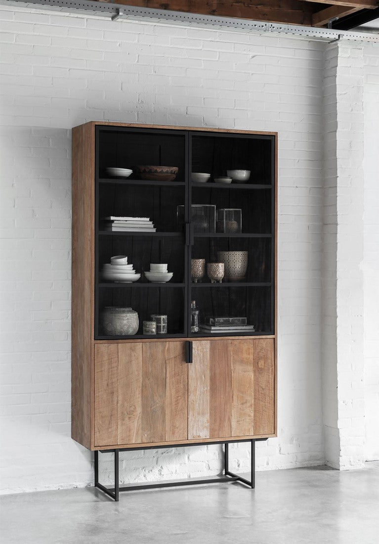 Vitrine Teak-Holz, Geschirrschrank Metall Holz, Schrank Teak, Breite 120 cm