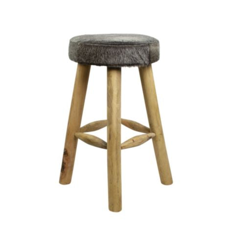 Barhocker Kuhfell grau, Barhocker rund Holz Kuhfell, Sitzhöhe 65 cm