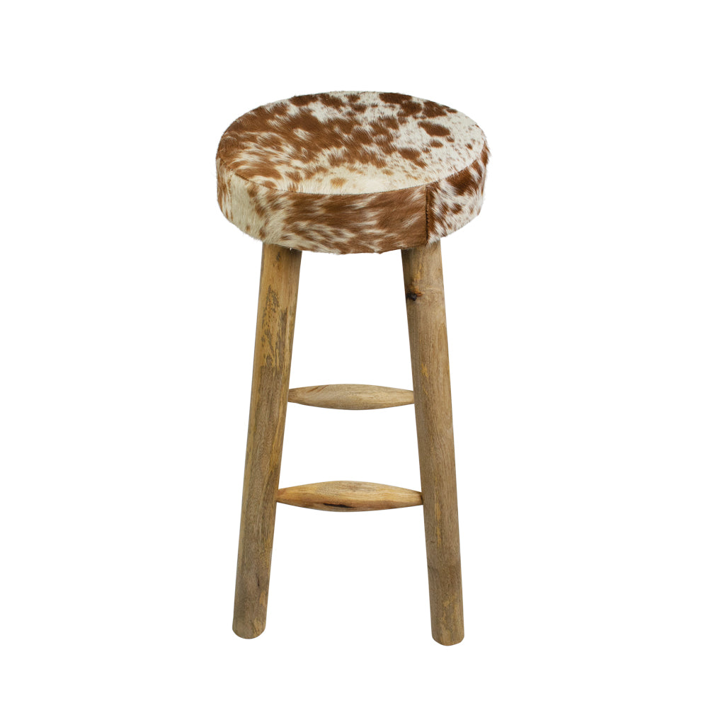 Barhocker Kuhfell braun, Barhocker rund Holz Kuhfell, Sitzhöhe 75 cm