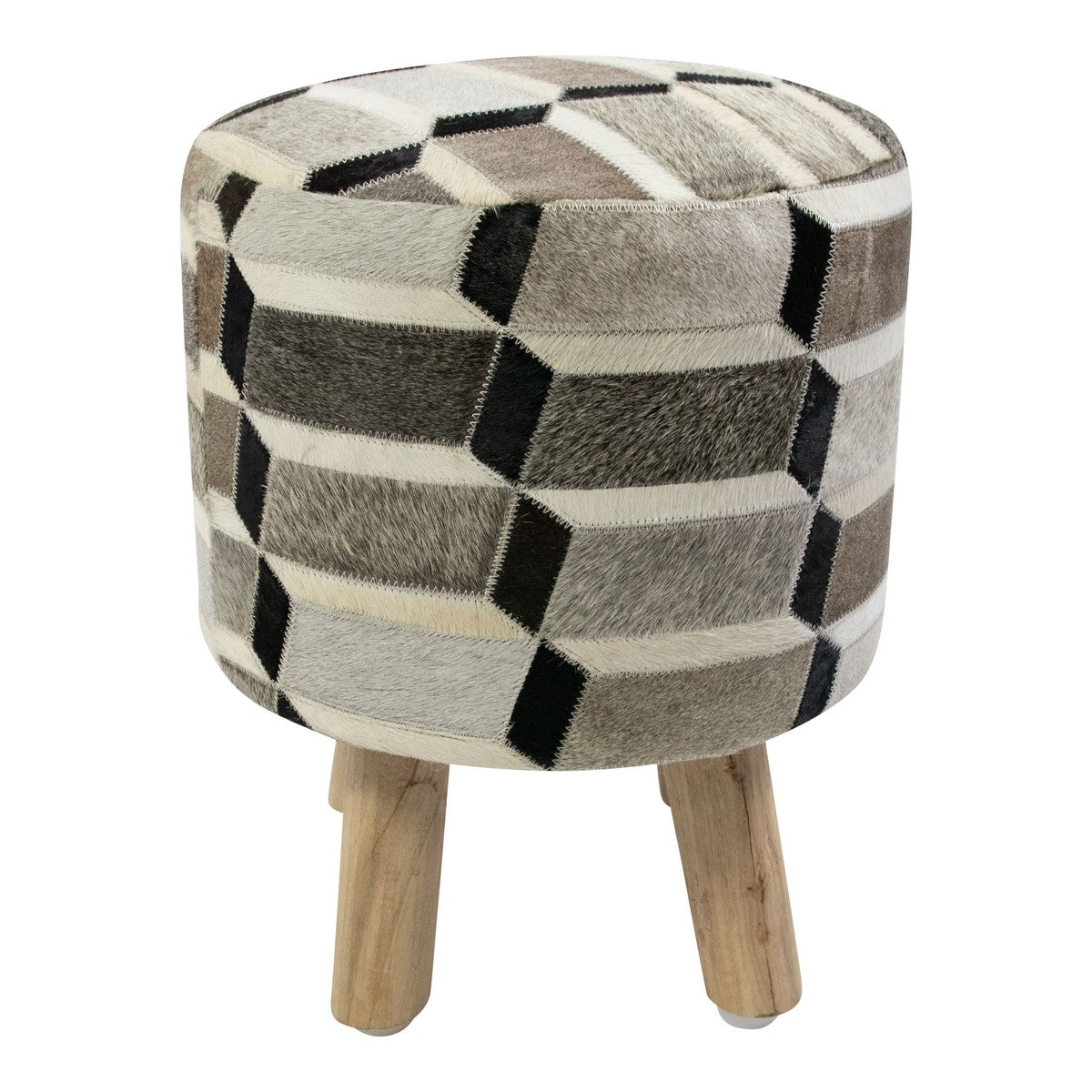 Hocker grau-weiß Kuhfell, Sitzhocker Holz Kuhfell, Hocker rund