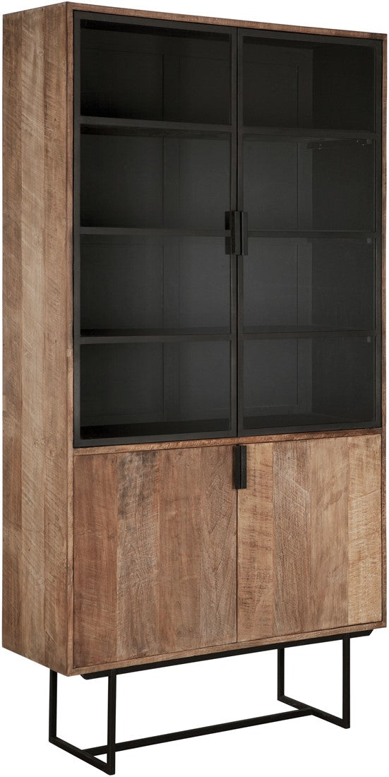 Vitrine Teak-Holz, Geschirrschrank Metall Holz, Schrank Teak, Breite 120 cm