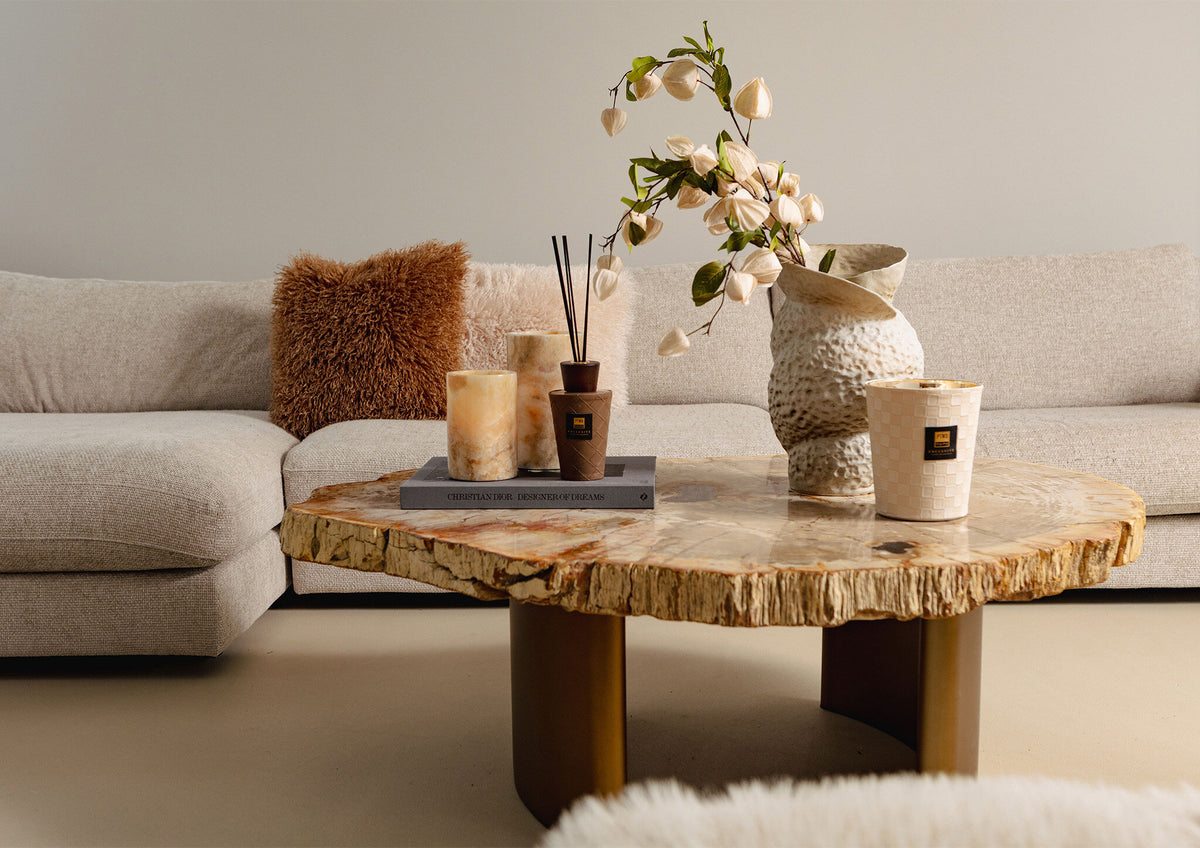 Couchtisch versteinertes Holz, Couchtisch beige-braun rund, Länge 120 cm