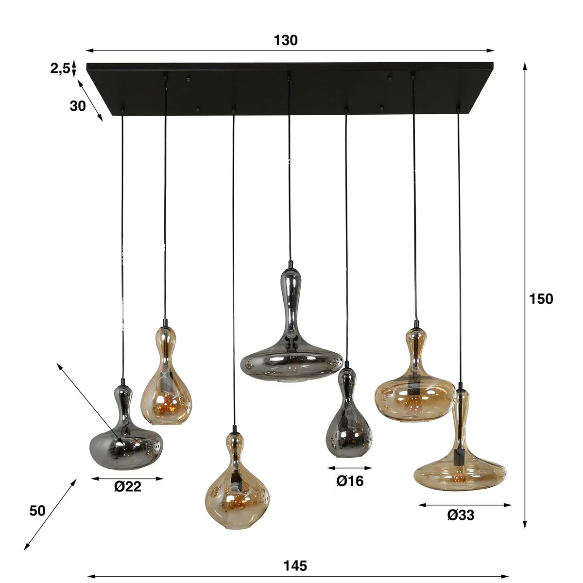 Pendelleuchte Glas, Hängelampe Glas, Breite 130 cm