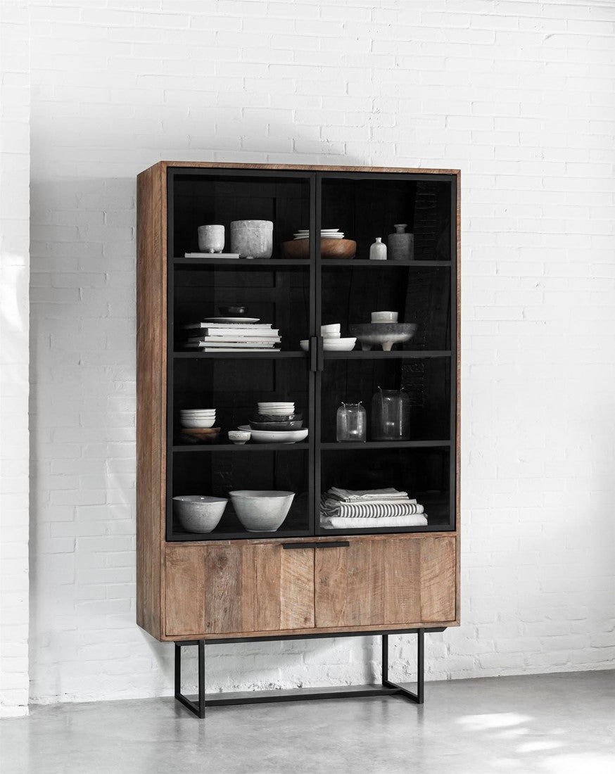 Vitrine Teak-Holz, Geschirrschrank Metall Holz, Breite 120 cm