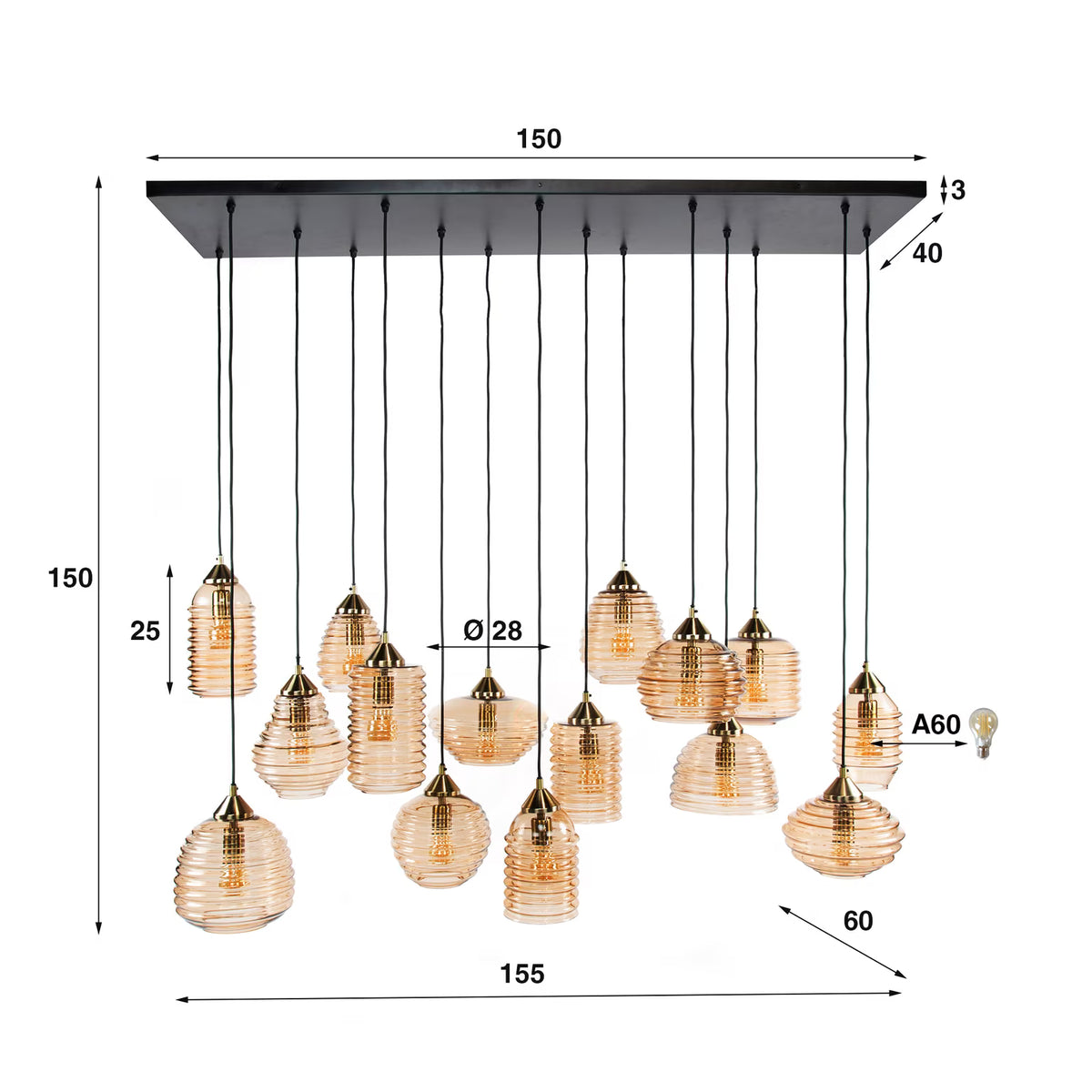 Pendelleuchte Glas, Hängelampe Glas braun, Hängeleuchte 15 Flammig, Breite 150 cm