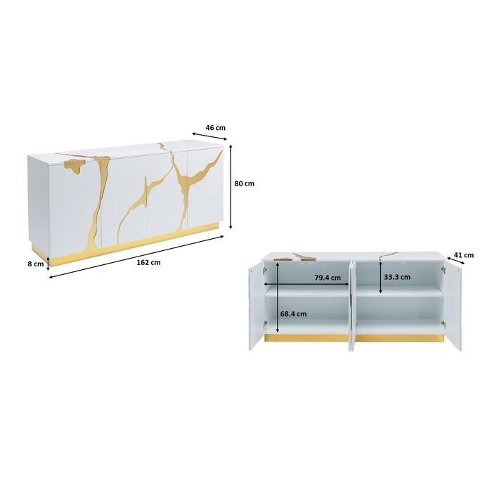 Sideboard weiß-Gold, Anrichte Gold weiß, Breite 160 cm