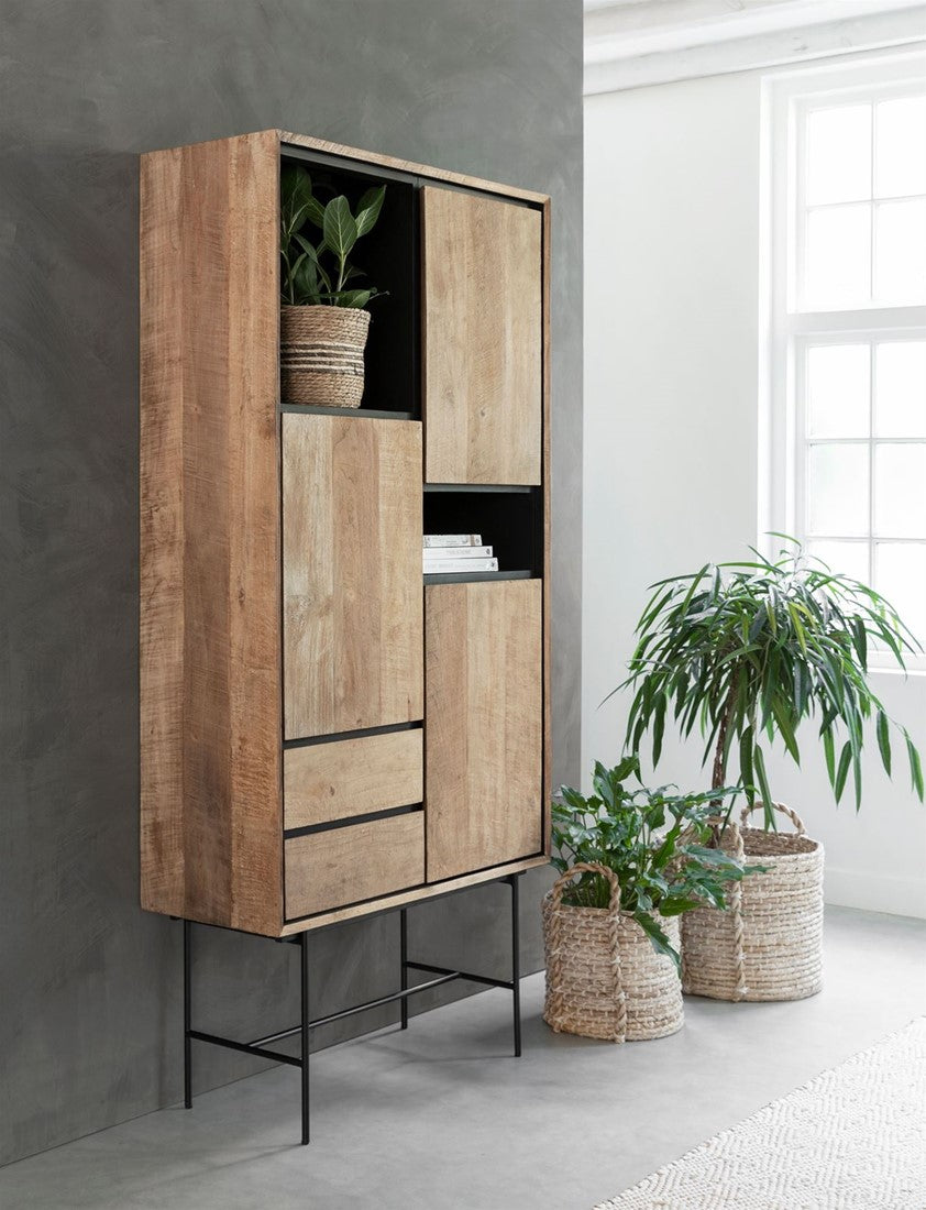 Solid wood display cabinet, display cabinet with metal doors, metal and wood crockery cabinet, width 100 cm
