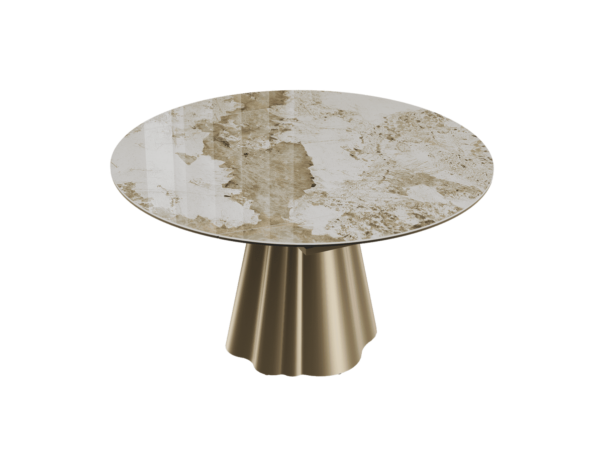 Esstisch rund Keramik taupe, Tisch rund Keramik ausziehbar, Esstisch Gold Marmoroptik Durchmesser 135 cm
