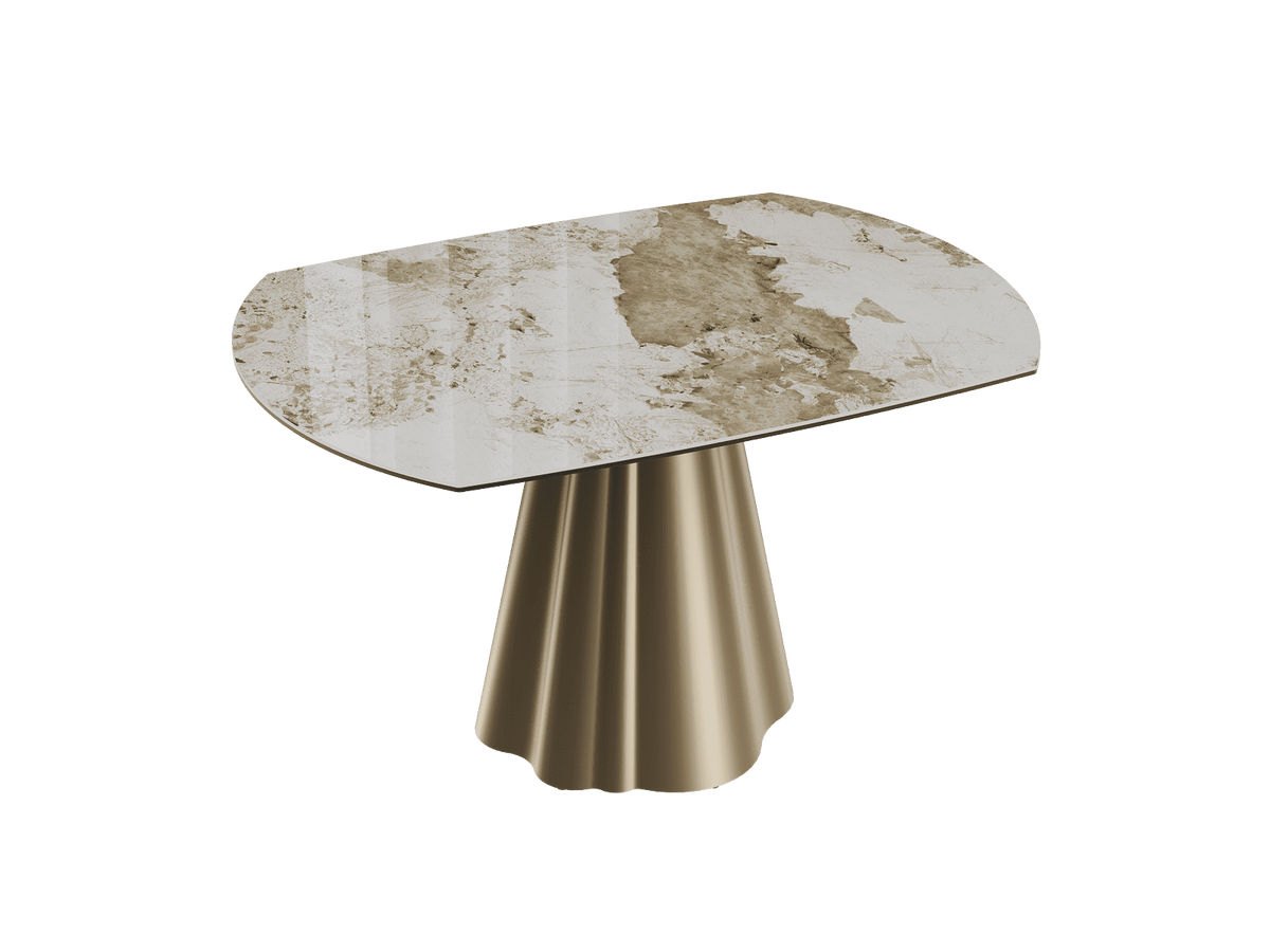 Esstisch rund Keramik taupe, Tisch rund Keramik ausziehbar, Esstisch Gold Marmoroptik Durchmesser 135 cm