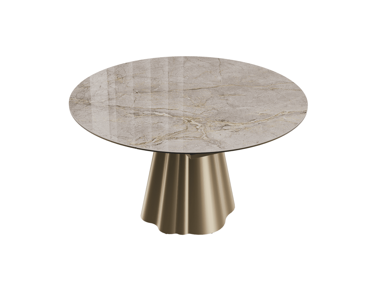 Esstisch taupe rund Keramik, Tisch rund Keramik ausziehbar, Esstisch Gold Marmoroptik Durchmesser 135 cm