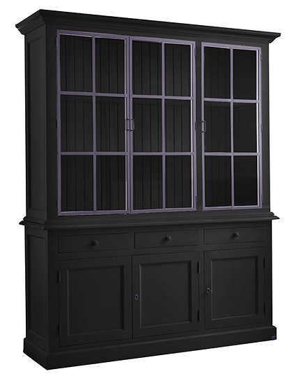 Buffetschrank schwarz Metalltüren Landhaus, Vitrine schwarz Metalltür, Geschirrschrank schwarz Massivholz, Küchenschrank schwarz Landhaus, Breite 186 cm