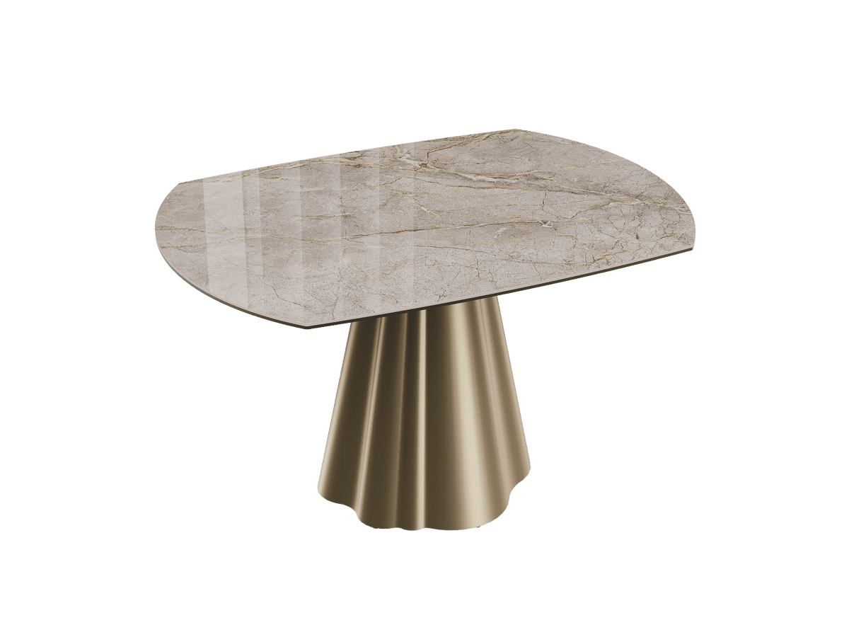 Esstisch taupe rund Keramik, Tisch rund Keramik ausziehbar, Esstisch Gold Marmoroptik Durchmesser 135 cm