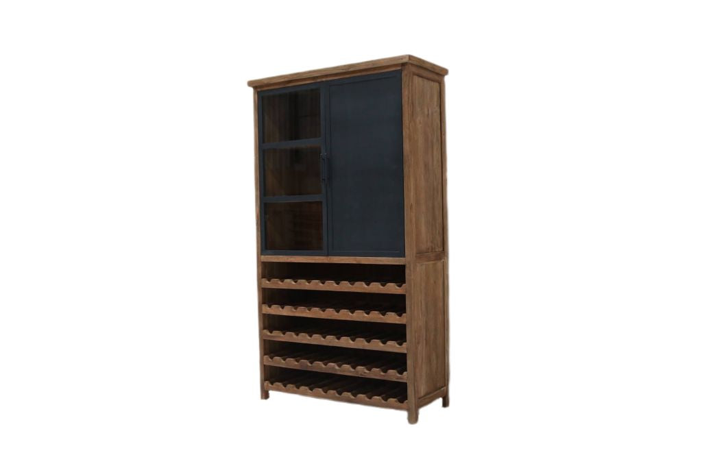 Weinschrank Holz Teak, Weinregal Teak, Vitrine Teakholz, Breite 120 cm