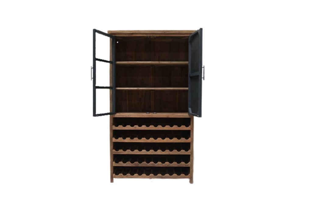 Weinschrank Holz Teak, Weinregal Teak, Vitrine Teakholz, Breite 120 cm