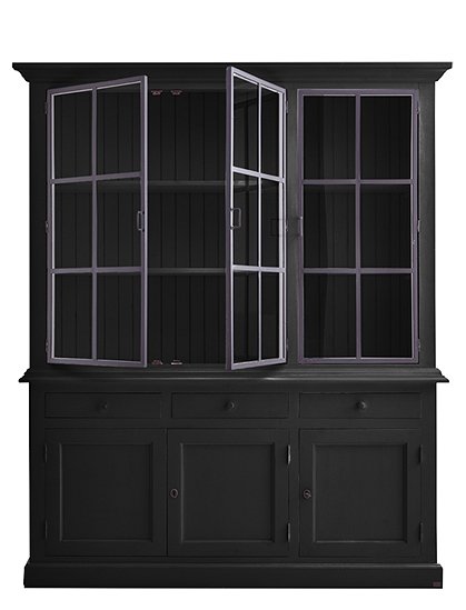 Buffetschrank schwarz Metalltüren Landhaus, Vitrine schwarz Metalltür, Geschirrschrank schwarz Massivholz, Küchenschrank schwarz Landhaus, Breite 186 cm