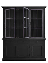 Buffetschrank schwarz Metalltüren Landhaus, Vitrine schwarz Metalltür, Geschirrschrank schwarz Massivholz, Küchenschrank schwarz Landhaus, Breite 186 cm