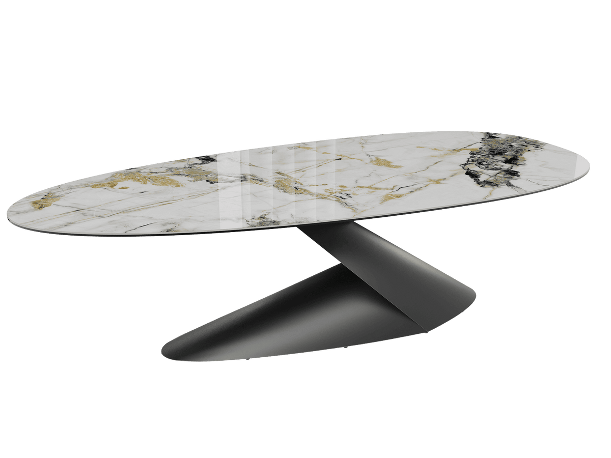 Keramik Gold-weiß, ovaler Esstisch Keramik-Tischplatte, Tisch Gold Marmoroptik Keramik, Länge 270 cm
