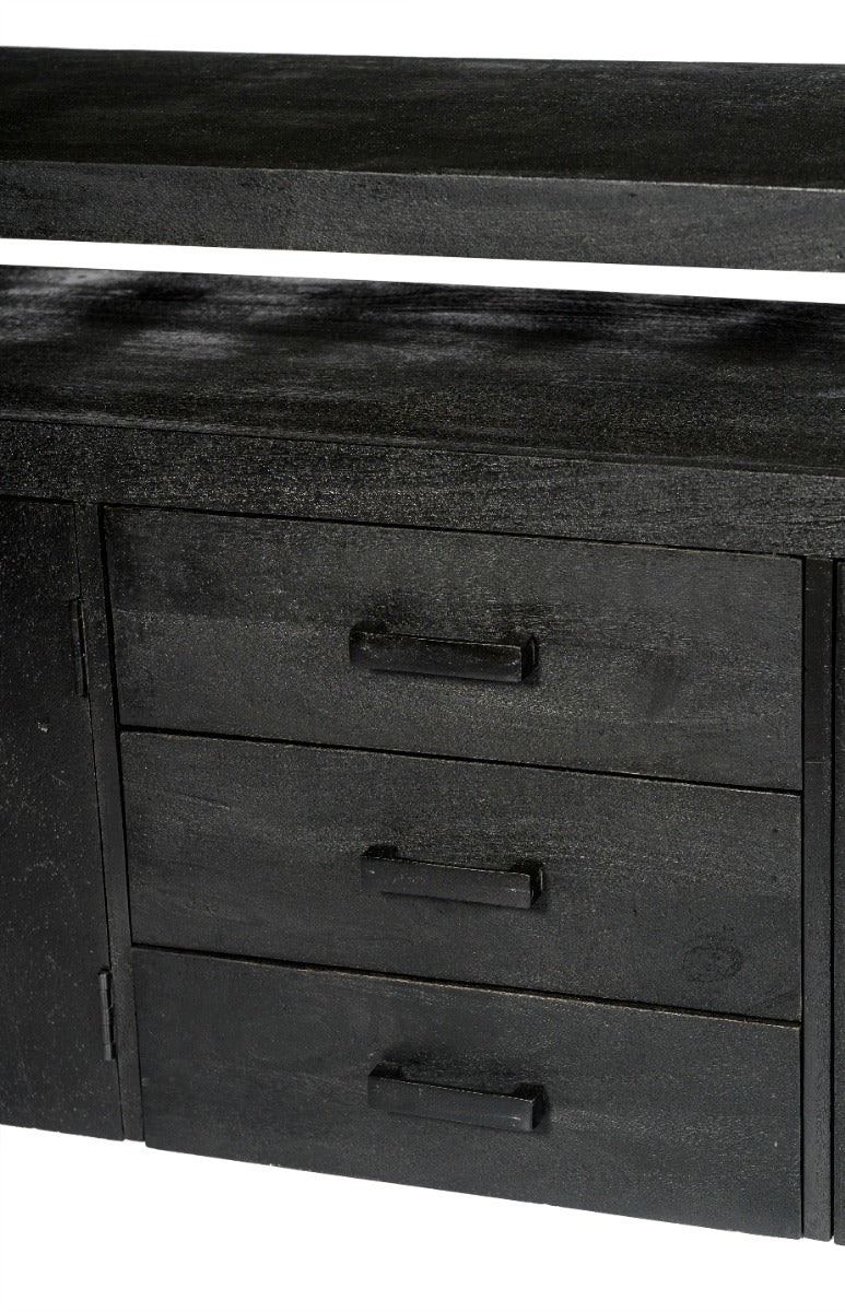Black metal and wood sideboard, industrial design sideboard, black solid wood dresser, 180 cm wide