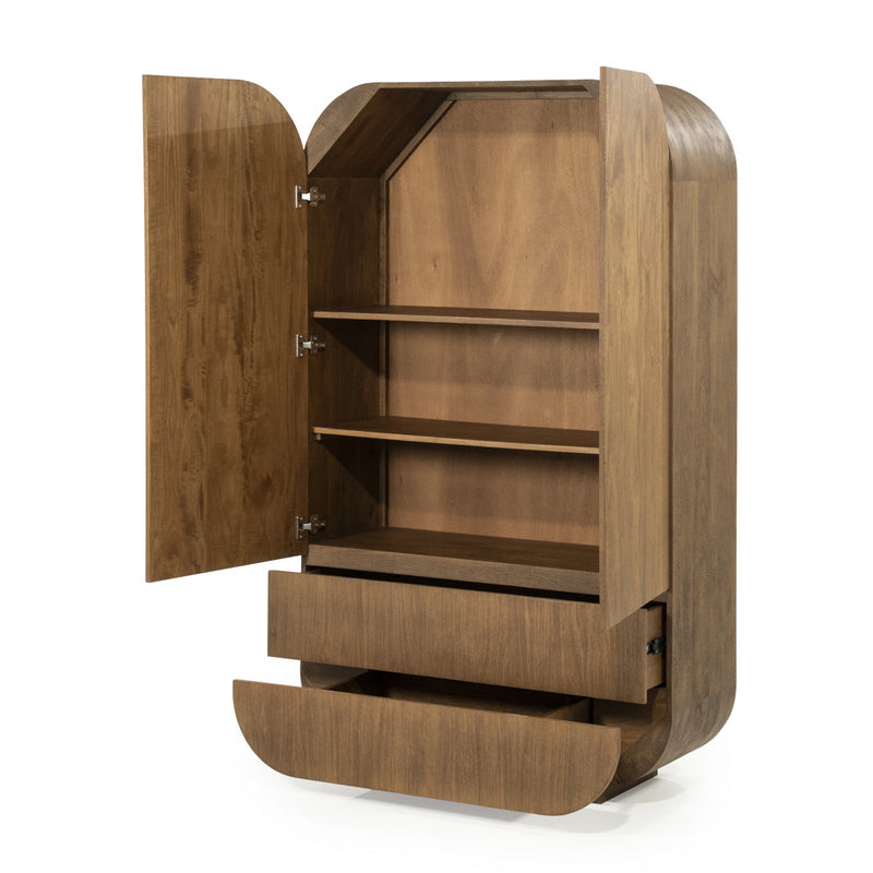 Highboard oval Holz furniert, Schrank mit 2 Schubladen Naturholz-braun, Wohnzimmerschrank oval Holz, Höhe 180 cm