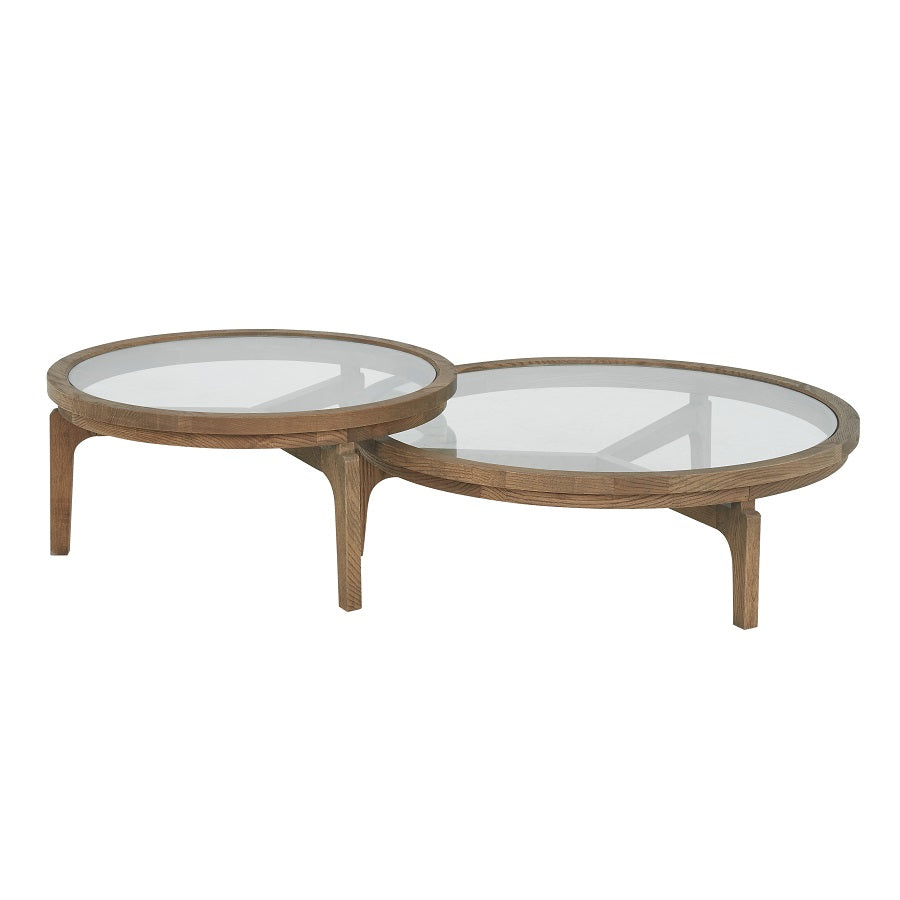 2er Set Couchtisch Holz-Glas rund, runder Couchtisch Glas-Holz, Durchmesser 80-100 cm