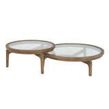 2er Set Couchtisch Holz-Glas rund, runder Couchtisch Glas-Holz, Durchmesser 80-100 cm