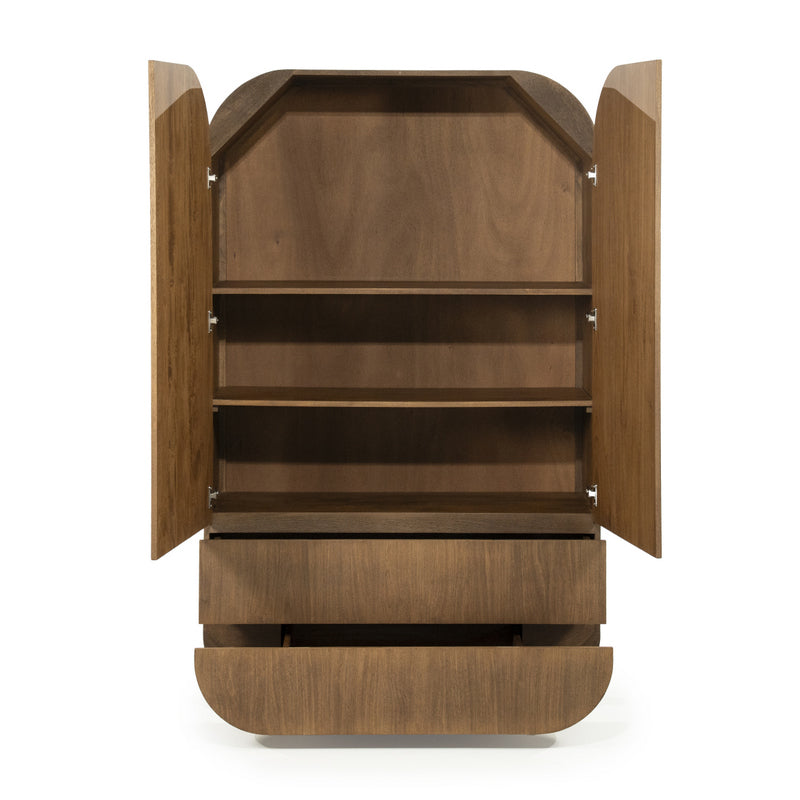 Highboard oval Holz furniert, Schrank mit 2 Schubladen Naturholz-braun, Wohnzimmerschrank oval Holz, Höhe 180 cm