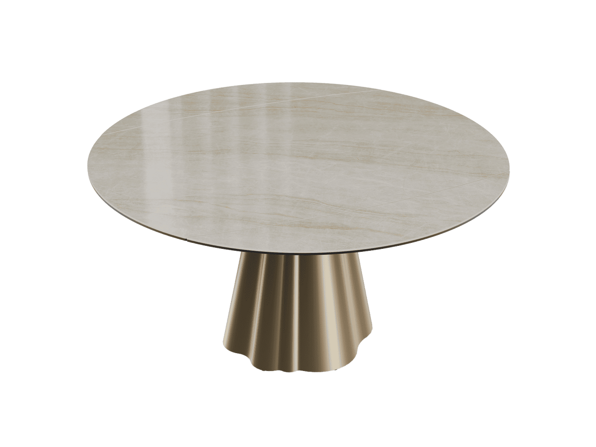Esstisch beige rund Keramik, Tisch rund Keramik ausziehbar, Esstisch Gold Marmoroptik Durchmesser 150 cm