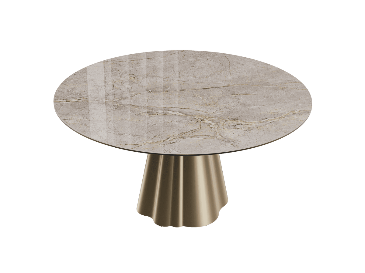 Esstisch beige-taupe rund Keramik, Tisch rund Keramik ausziehbar, Esstisch Gold Marmoroptik Durchmesser 150 cm