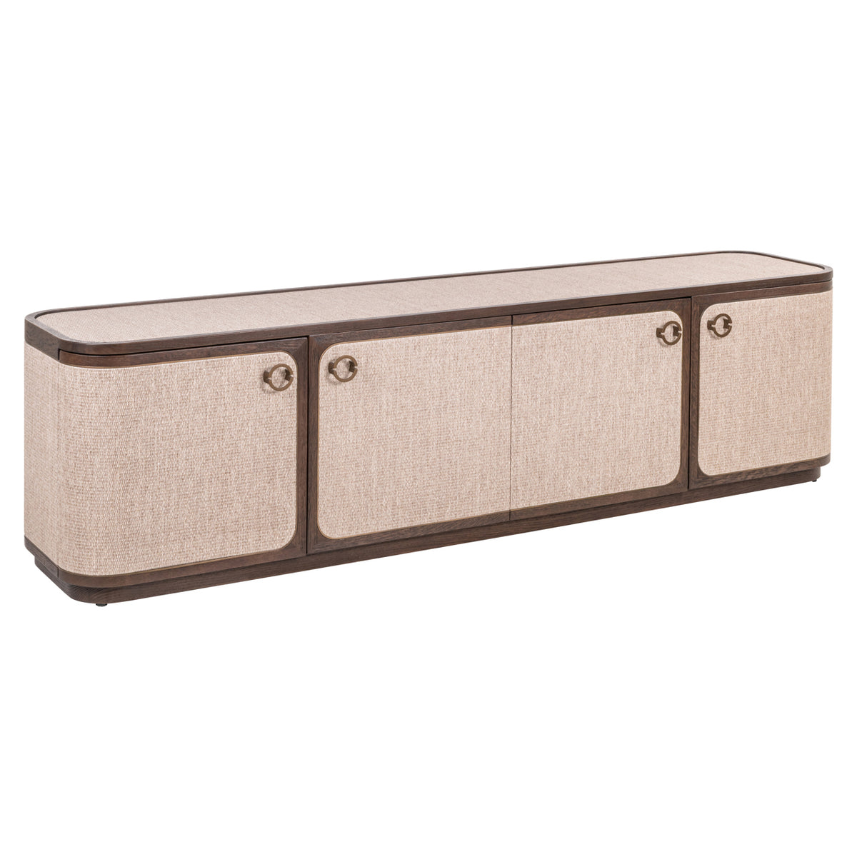 Fernsehschrank braun Textil-Bespannung, Eiche furniert, TV Schrank braun oval, Breite 190 cm