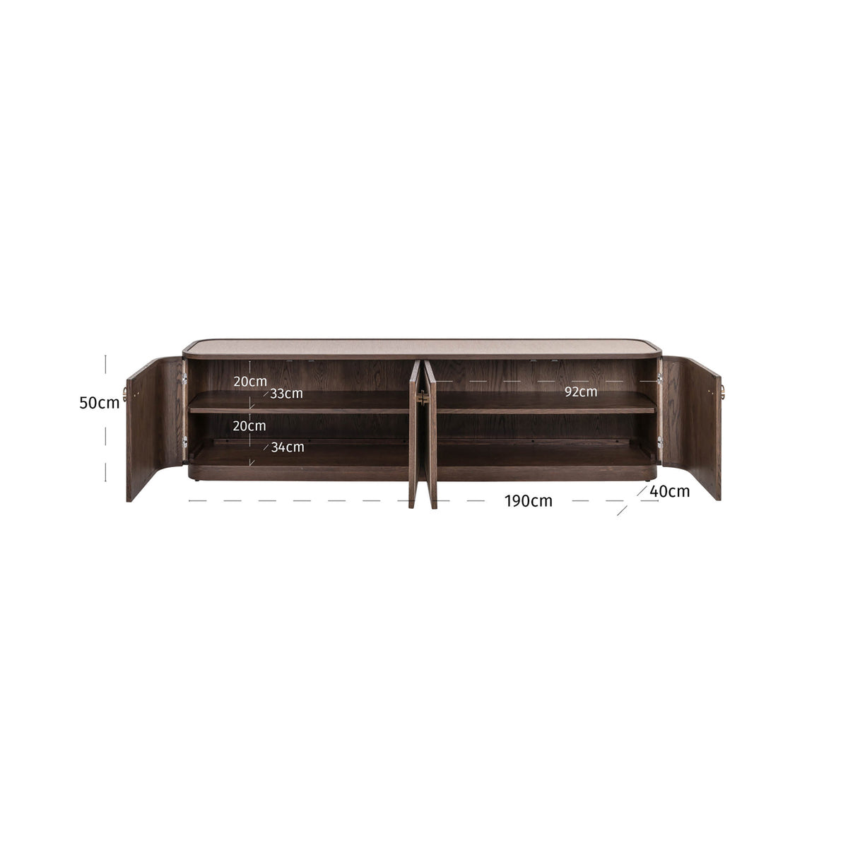Fernsehschrank braun Textil-Bespannung, Eiche furniert, TV Schrank braun oval, Breite 190 cm
