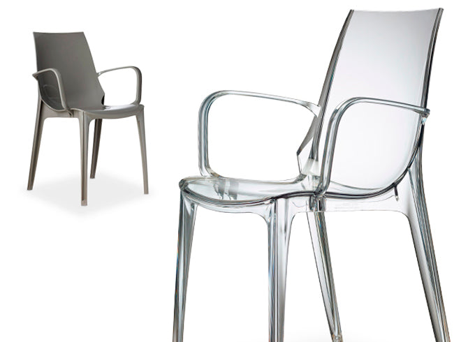 Design Stuhl, transparent grau, stapelbar, recycelbarer Kunststoff, Outdoor