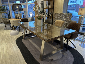 Esstisch Altholz, Tisch Glasplatte, Esstisch Edelstahl Tischbeine, Breite 180 cm