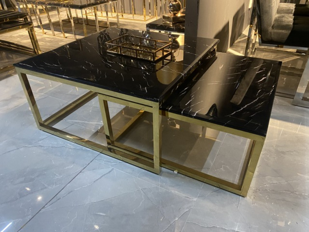 Couchtisch Gold, Couchtisch schwarz Marmor, runder cm Maße Tisch, 90x90