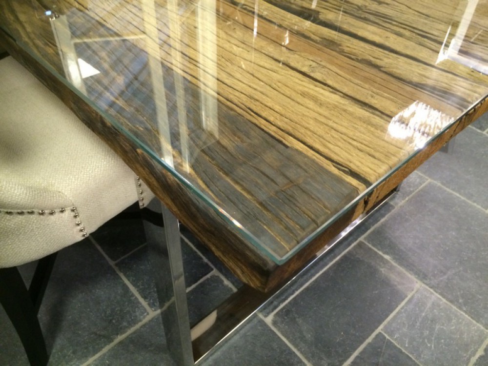 Esstisch Glasplatte recyceltes Holz, Tisch Länge 220 cm